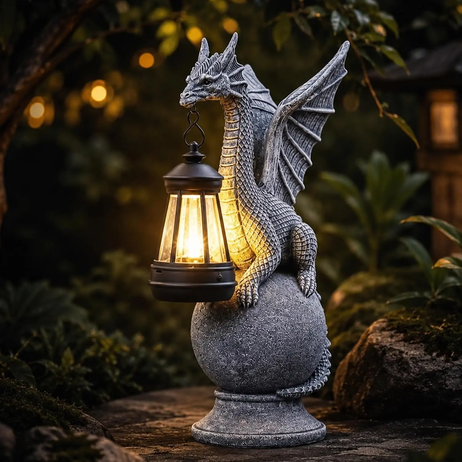 Solar Dragon Garden Statue:  Figurine with Warm Glow Lantern | Weatherproof Outdoor Decor for Yard Pathway Patio Porch Balcony Gifts for Mom Grandma Women