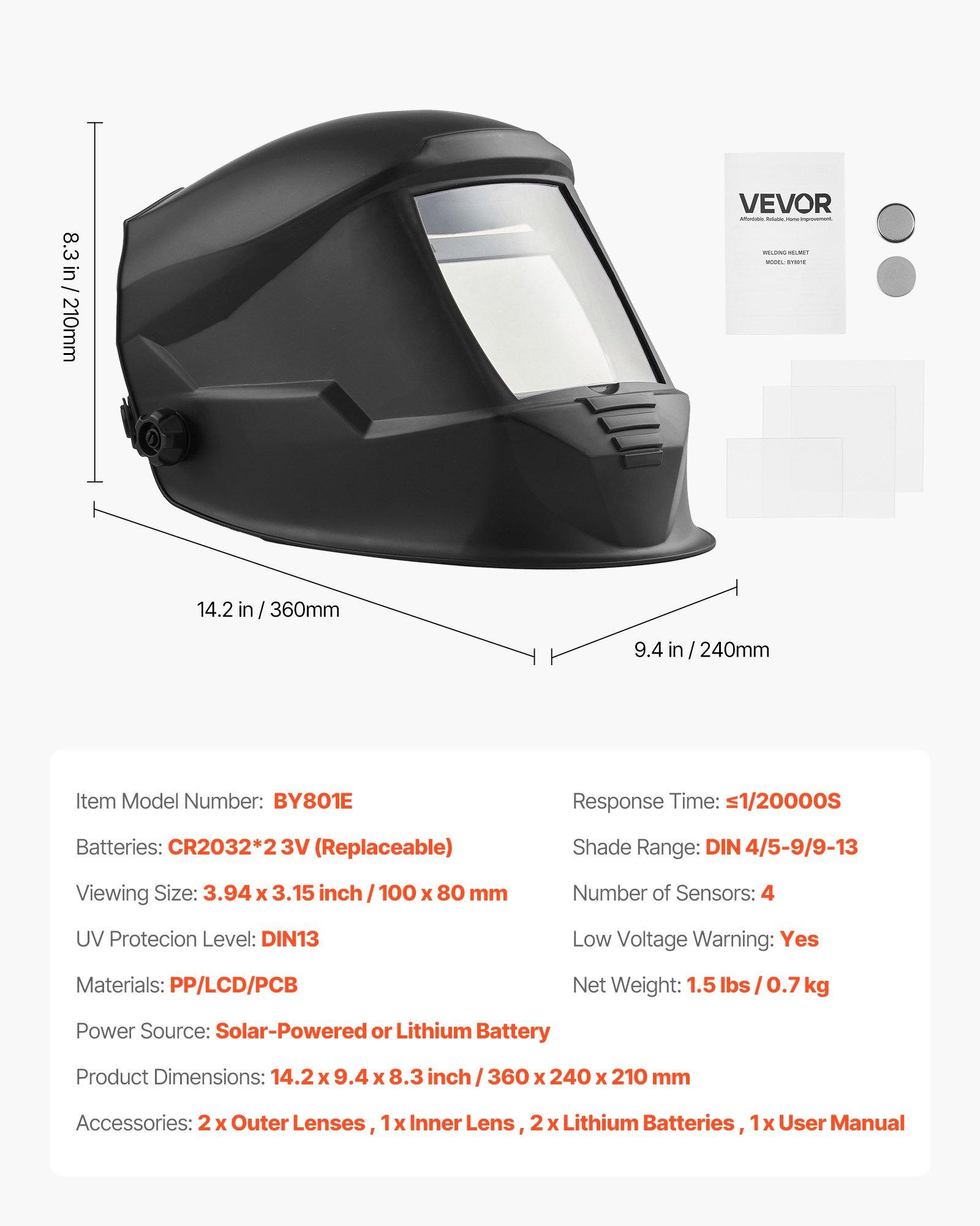 VEVOR Welding Helmet Auto Darkening, 3.94" x 3.15" True Color Welding Hood, Solar-Powered Welder Mask 4 Arc Sensors, Wide Shade 4/5-9/9-13 for TIG MIG Weld Cutting Grinding Application - METIS Series