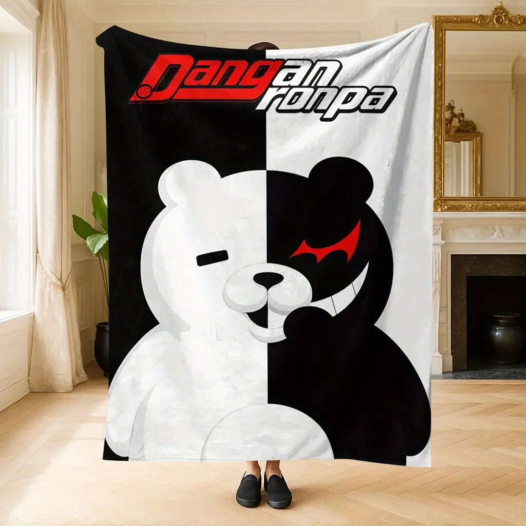 1pc Monokuma Mascot Flannel Throw Blanket - 150x130 cm/200x150 cm, Soft, Lightweight, Warm, Decorative, Fade Resistant, Easy to Carry & Store, Suitable for Home, Camping, All Seasons