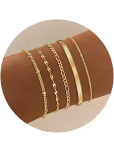 5 Pieces Gold Silver Bracelets for Women 14K Gold Plated Bracelet Set Stacking Adjustable Snake Herringbone Chain Bracelets for Women Girls Jewellery Gifts