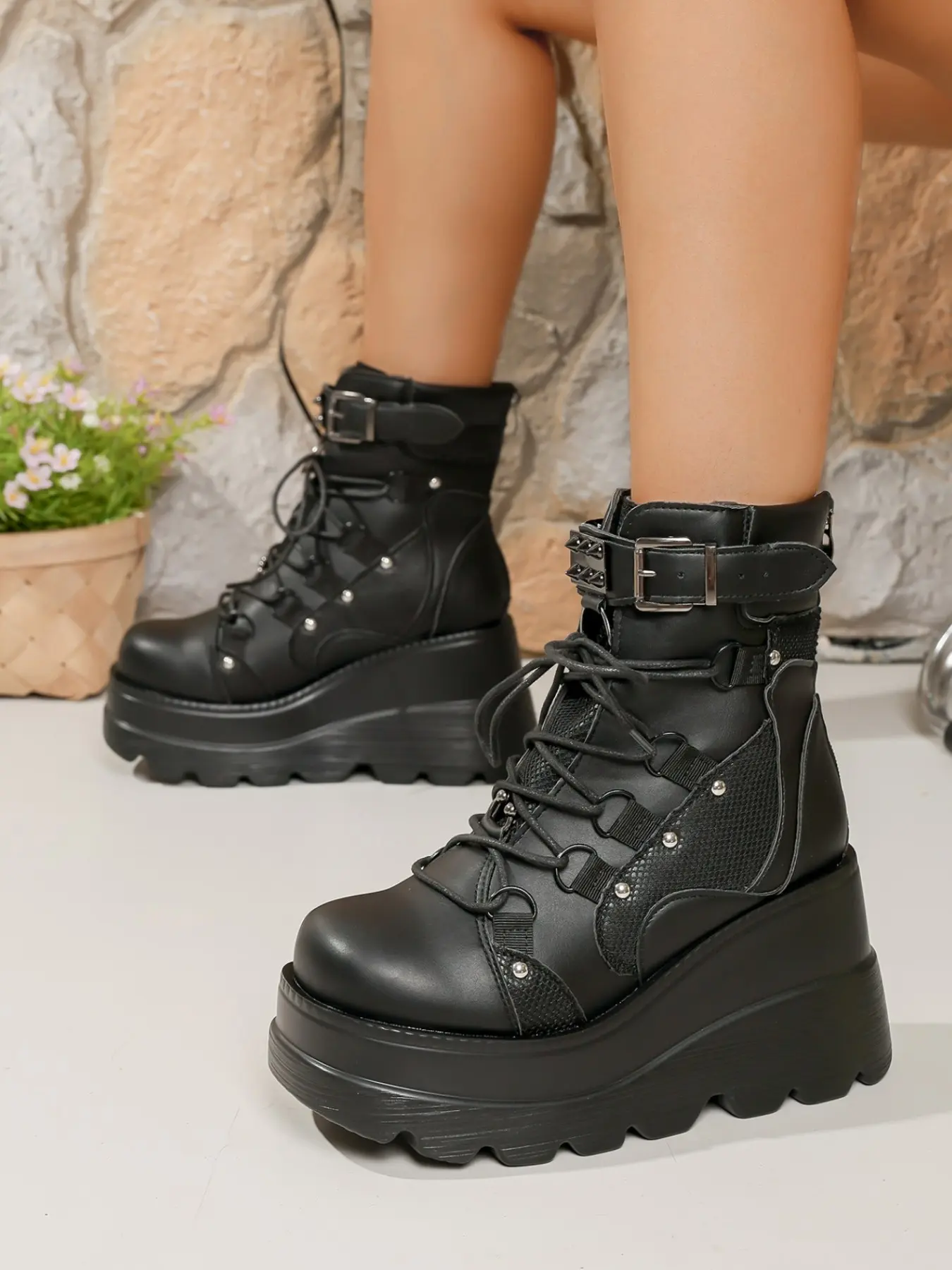 2026 Motorcycle Style Wedge Heeled Short Boots, Cross Strap Metal Rivet Buckle, Height-Boosting Cool Women's Shoes, All Seasons Fashion
