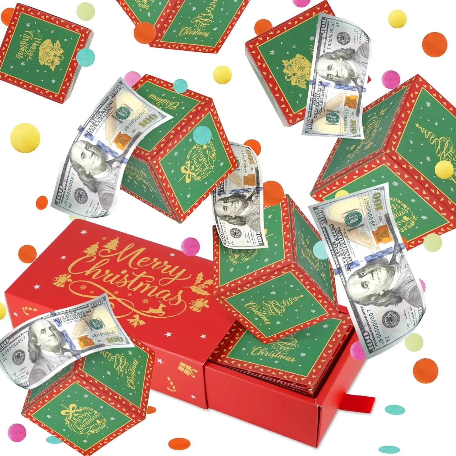 1Set DIY Christmas Surprise Explosion Money Gift Box Foldable Pop‑Up Cash Holder Surprise Gift Box Merry Christmas Holiday Party Surprise Present for Family Friends Xmas Gift Giving
