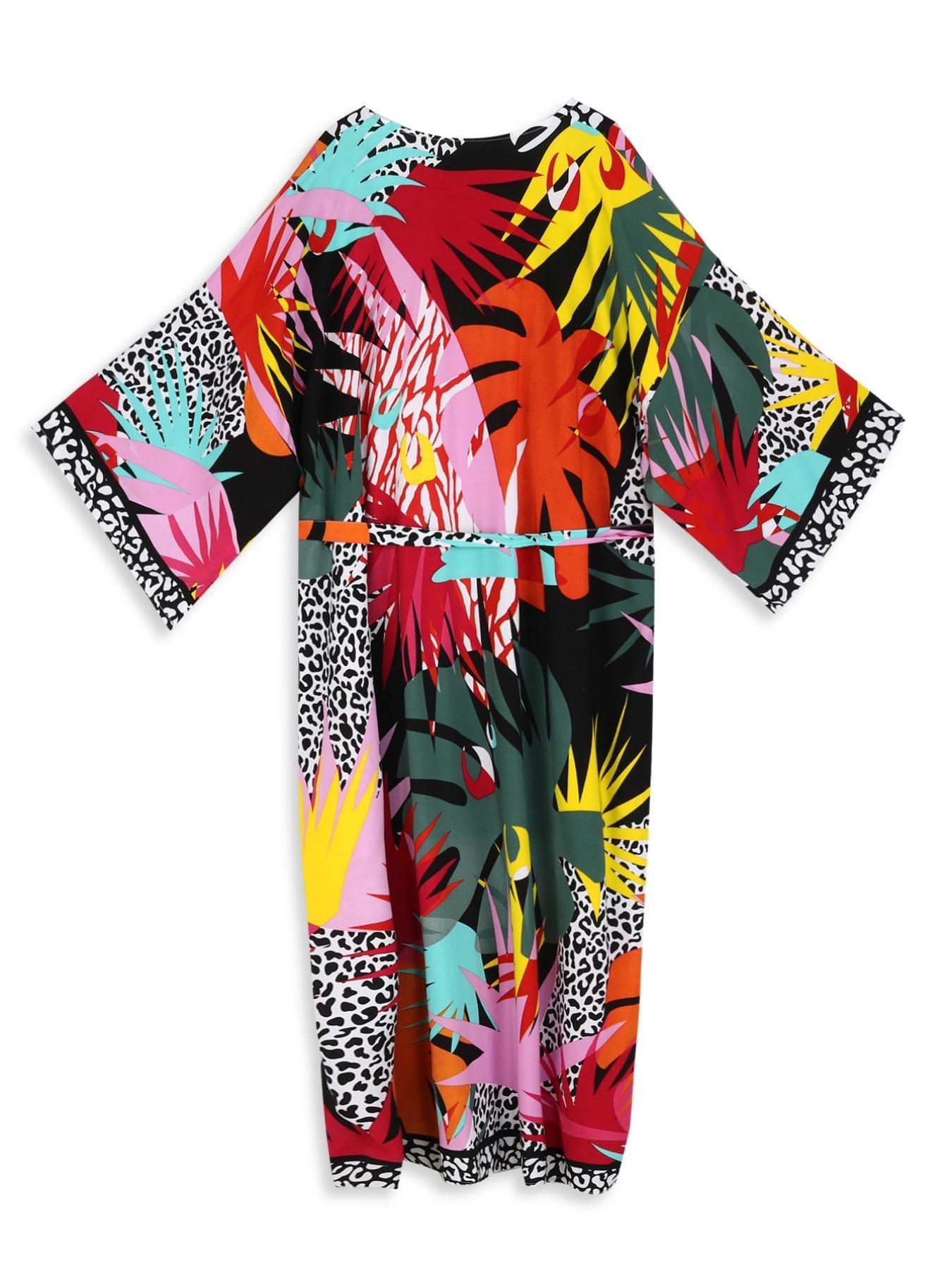 Women's Plants Print Belted Cover Up, Boho Long Sleeve Open Front Cardigan Kimono for Beach Vacation, Women's Swimwear for All Seasons, Swimsuit Cover Ups