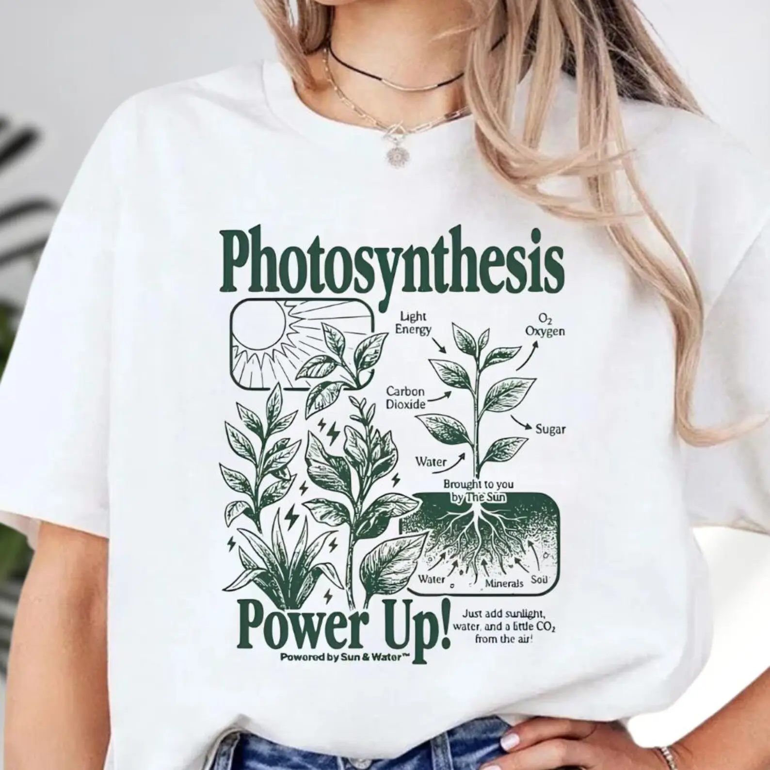 100% Cotton Unisex Round Neck Tee, Photosynthesis Plant Science Diagram Graphic Loose Top, Botanical Biology Teacher Student Print, Ideal School Daily Casual Wear, Great Holiday Birthday Gift For Botany Nature Science Lovers, Soft Breathable