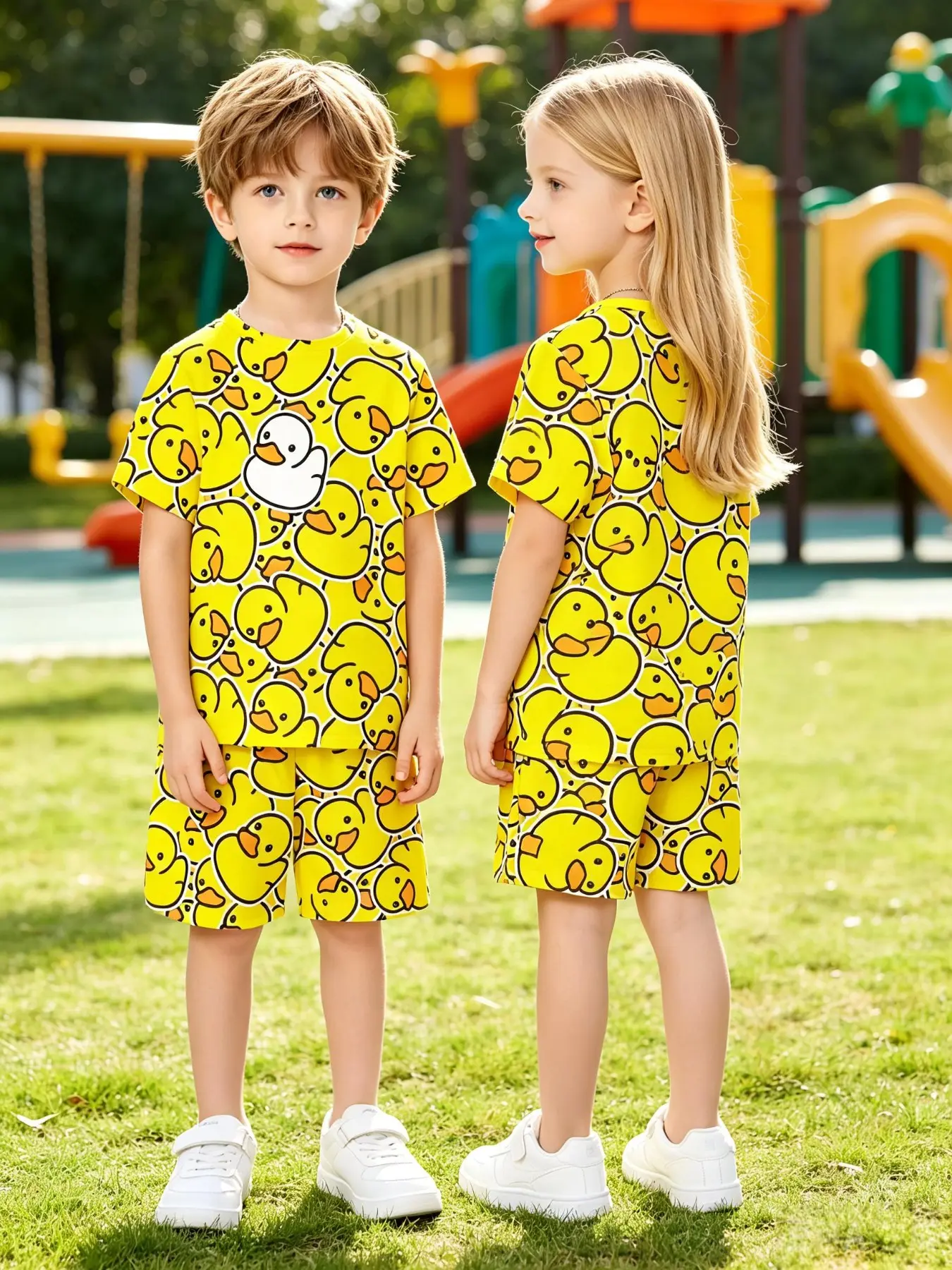 Kids All Over Print Little Yellow Duck Short Sleeve Set, Boys Girls Fashion Casual Sports T-shirt And Shorts 2 Piece Outfit Matching Set, Trendy Summer Kids Clothing 2026 New Arrival