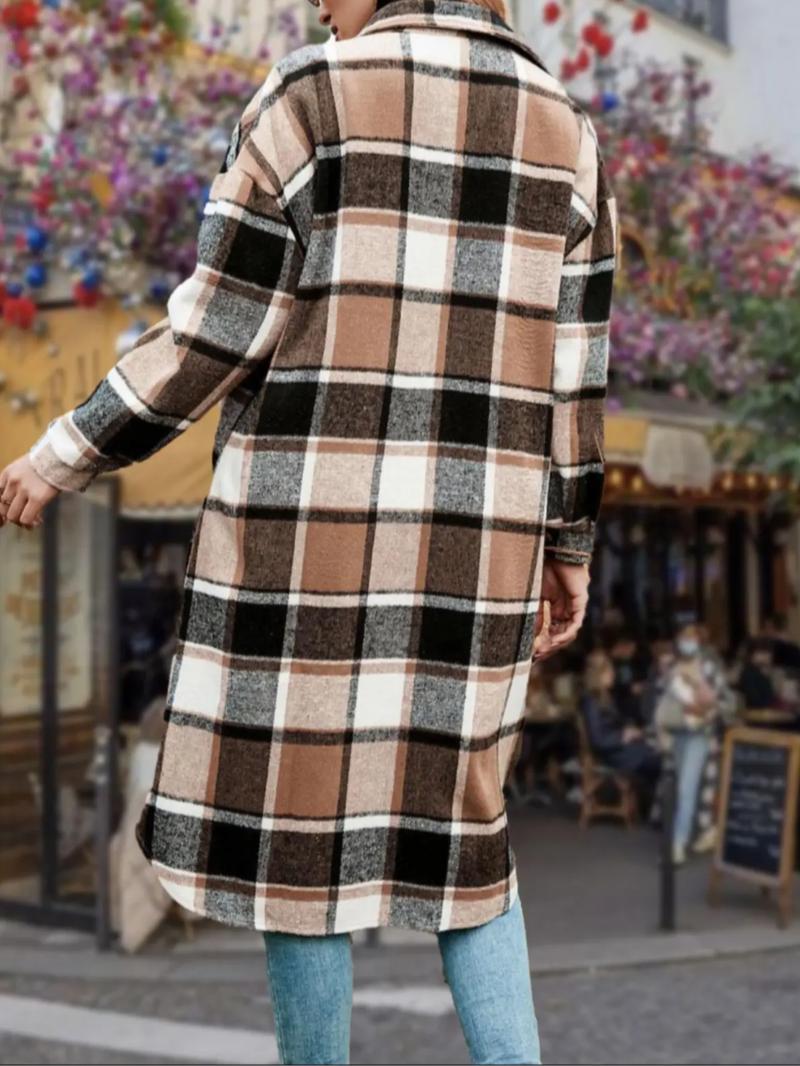 Women's Colorblock Plaid Print Button Front Drop Shoulder Coat Casual Long Sleeve Collared Pocket Coat Jackets for Fall & Winter, Women's Clothing for Daily Wear
