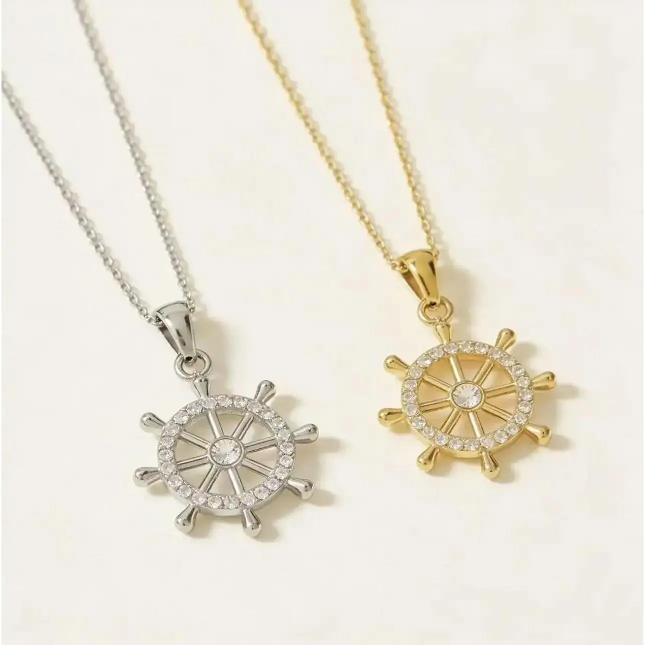 Waterproof Ship Wheel Choker| Hypoallergenic CZ Jewelry| Holiday Gift for HerTitanium Steel Ship Wheel Necklace| Sparkly CZ Charm| Bestie Gift IdeaCouples Ship Wheel Necklace| Gold & Silver Tone| Sweet Birthday Gift for Her
