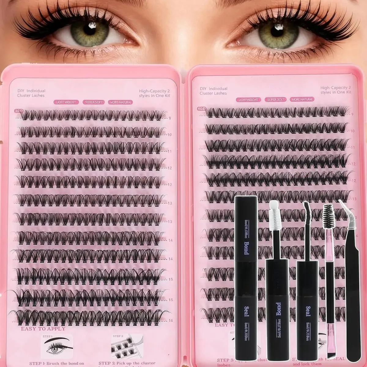 DIY D Curl Fluffy Wispy Cluster Lash Extension Kit, 30D & 40D Mix 9-16mm Thin Invisible Band Individual Lashes Set, Complete Kit with Lash Bond Seal, Tweezers, Brush & Lash Remover For Home Beginners #DIYLashKit #ClusterLashes