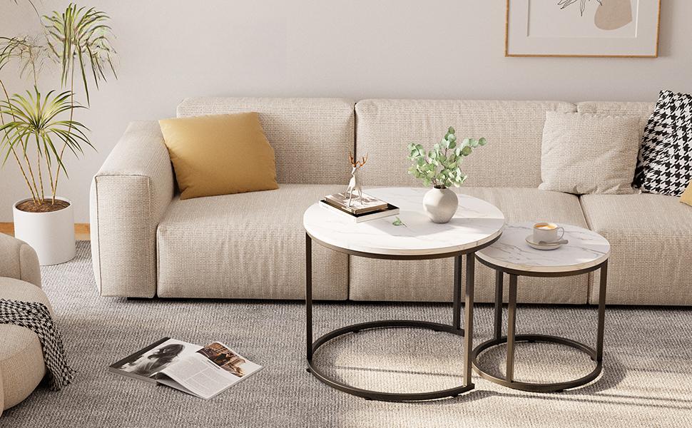 Round Nesting Coffee Table Side Table Set of 2 End Tables for Living Room Bedroom Balcony, White Faux Marble Wooden Table Accent Coffee Table with Black Steel Frame