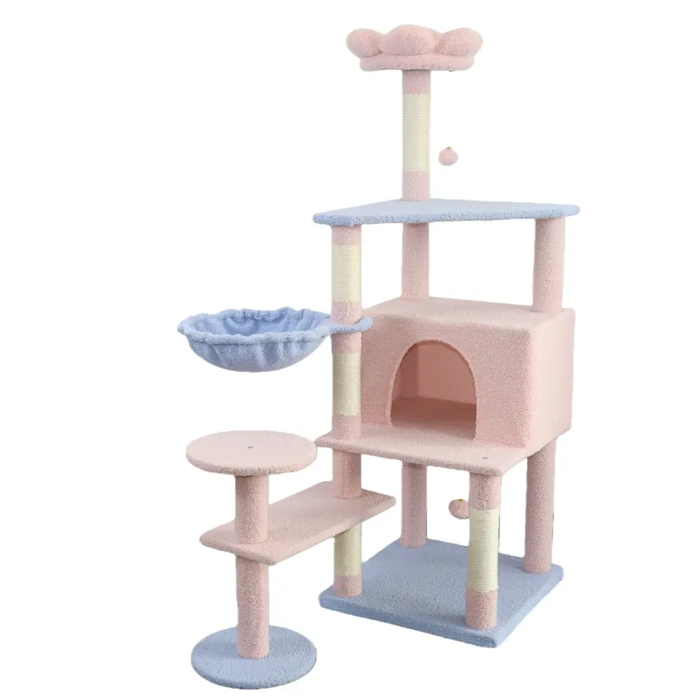Flower Print Cat Tree for Cats, Large Condo with Removable Cushions and Hammock Rest, Pink Pet Furniture Scratching Post