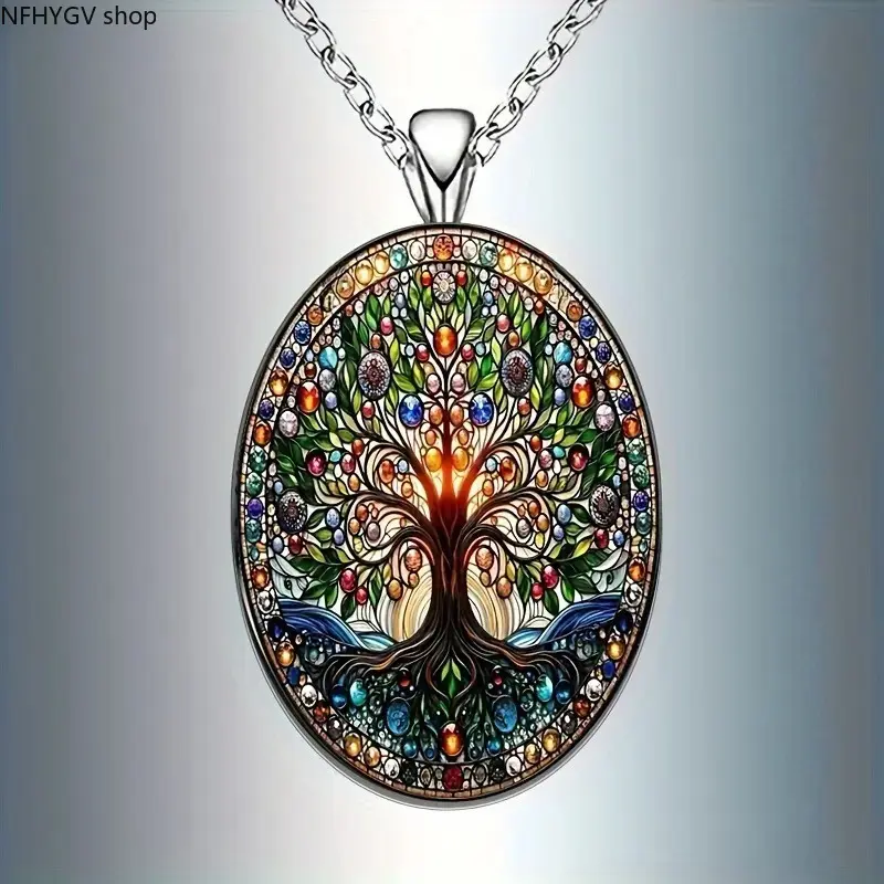 Tree of Life Oval Glass Pendant Necklace For Women, Elegant Retro Romantic Style Delicate Neck Jewelry, Lightweight All-Match Neck Ornament Ideal Gift For Ladies, Stylish Accessory To Complement Daily Sports And Outdoor Leisure Outfits