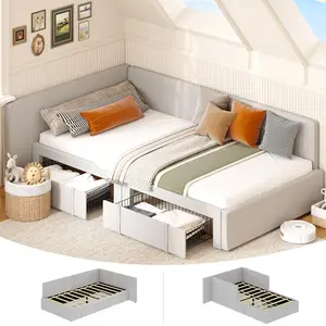 Modern Upholstered Twin Daybed with Storage Drawers - Extended Headboard & Bed Rails - Corner Sofa Bed for Bedroom or Guest Room summerwins