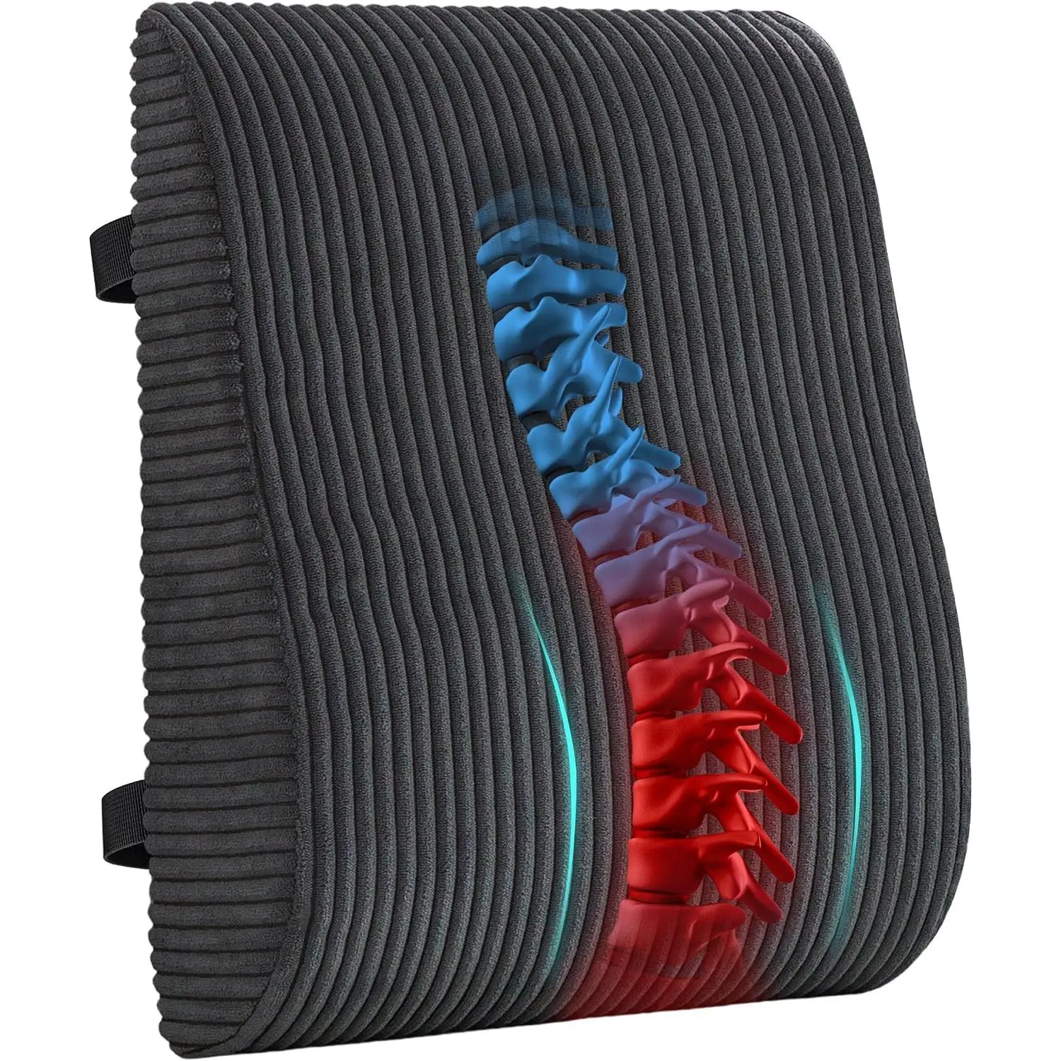 Double-Layered Gel Memory Lower Back Support Pillow with Corduroy Cover, Adjustable Straps & Pear-Shaped Spine Support, Large Dark Grey Cushion for Office/Gaming Use, Padded Supportive Reading Pillows, Corduroy Textile
