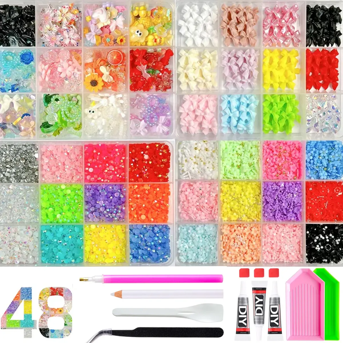 4 Box 48 Grid Shiny Resin Jelly Rhinestones, Multi-Color Flat Rainbow Gems, DIY Craft Kit with Tools, Decorative Accessories。ultimate creative gift for her,graduation gift,class of 2026,summerwins,mid year sale, deals for you。Christmas Birthday Gifts