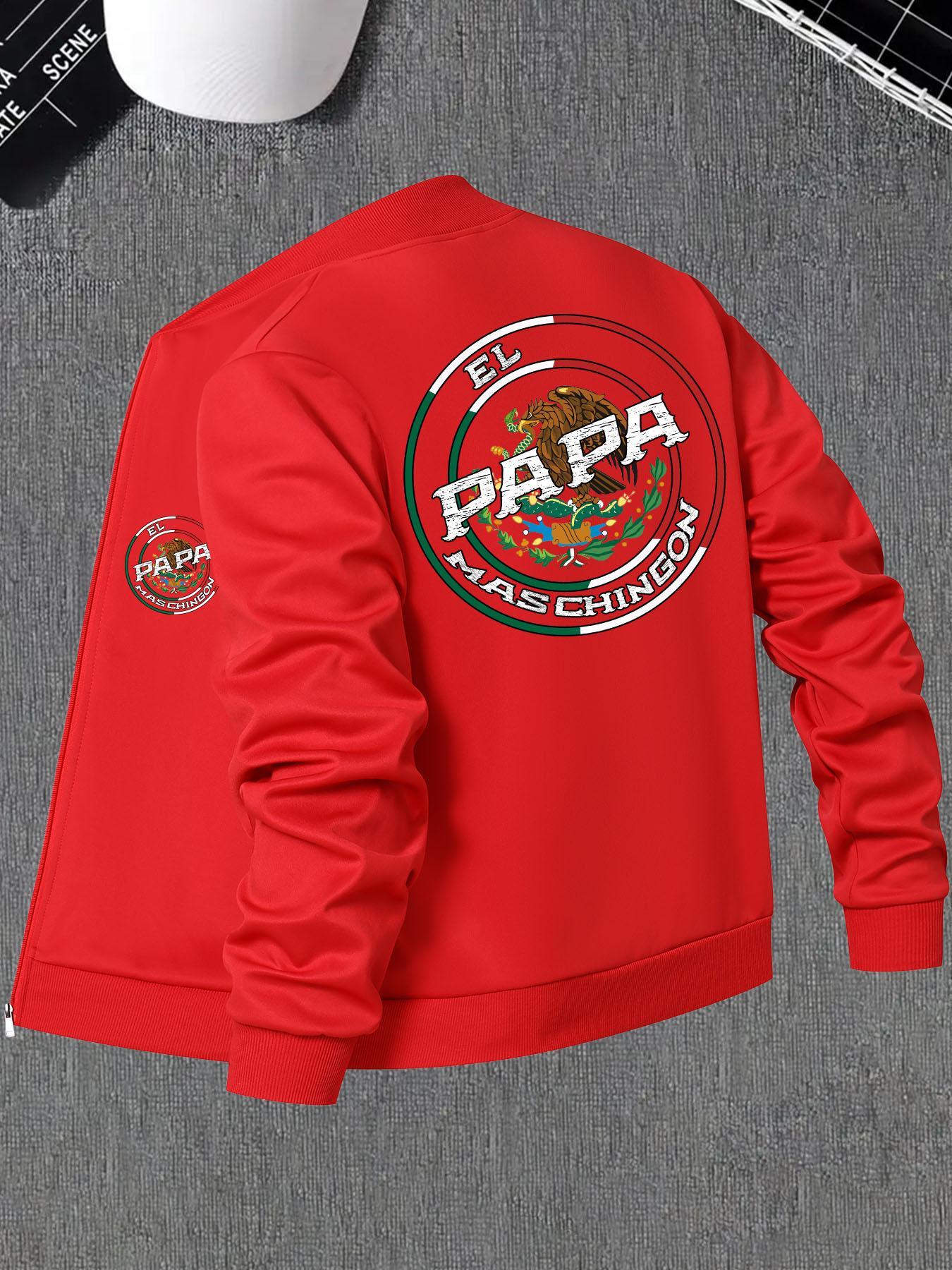 Men's Mexico Flag Print Bomber Zipper Jacket, Regular Fitted Casual Letter Print Long Sleeve Baseball Collar Outerwear for Spring & Fall, Baseball Jacket, Fashion Men's Clothes for Daily Wear, Men's Clothing