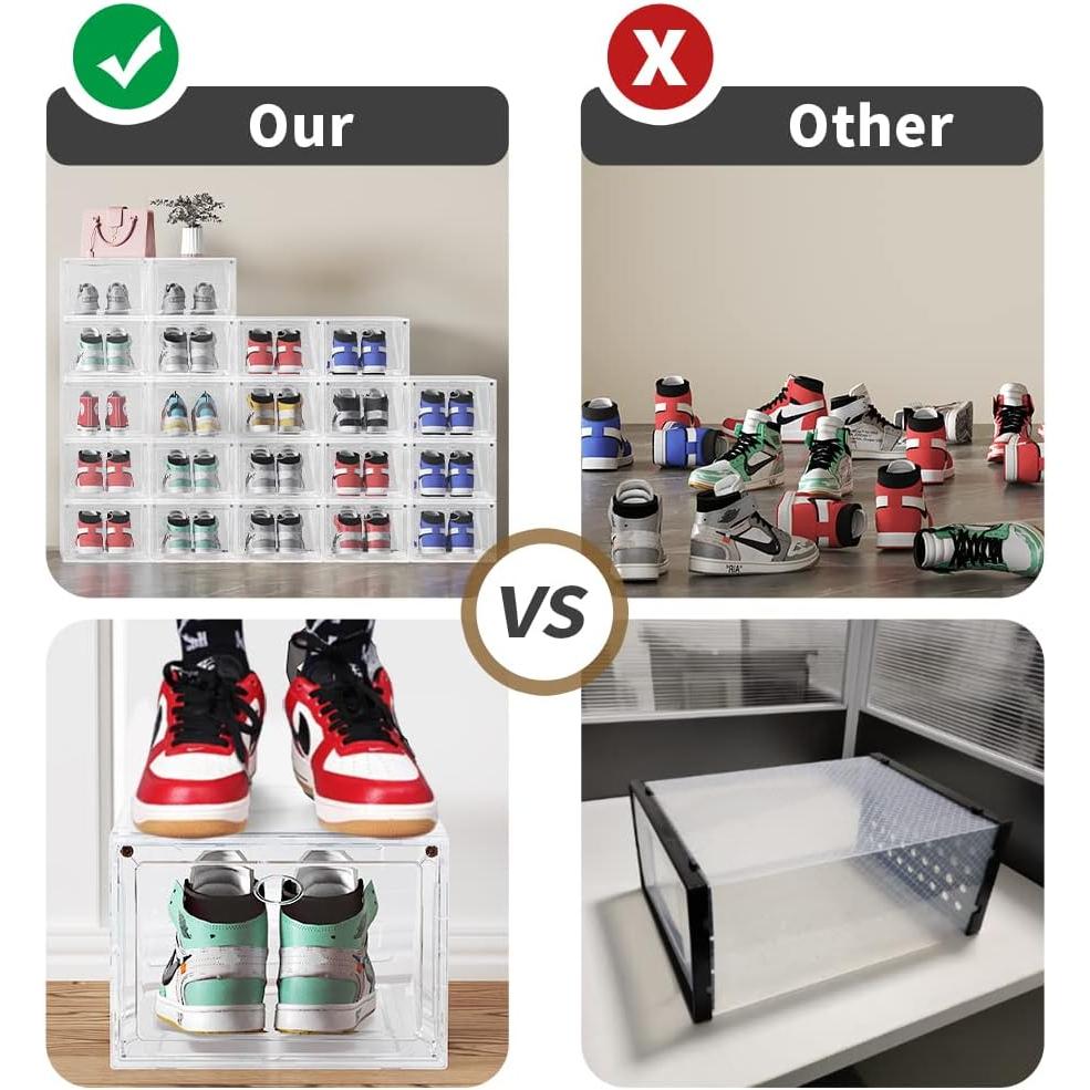 15 XXL 8 Pack Shoe Storage Box, Shoe Boxes Clear Plastic Stackable, Shoe Container for Organizing Sneaker and Basketball Shoes (XL BLACK 8 PACK)