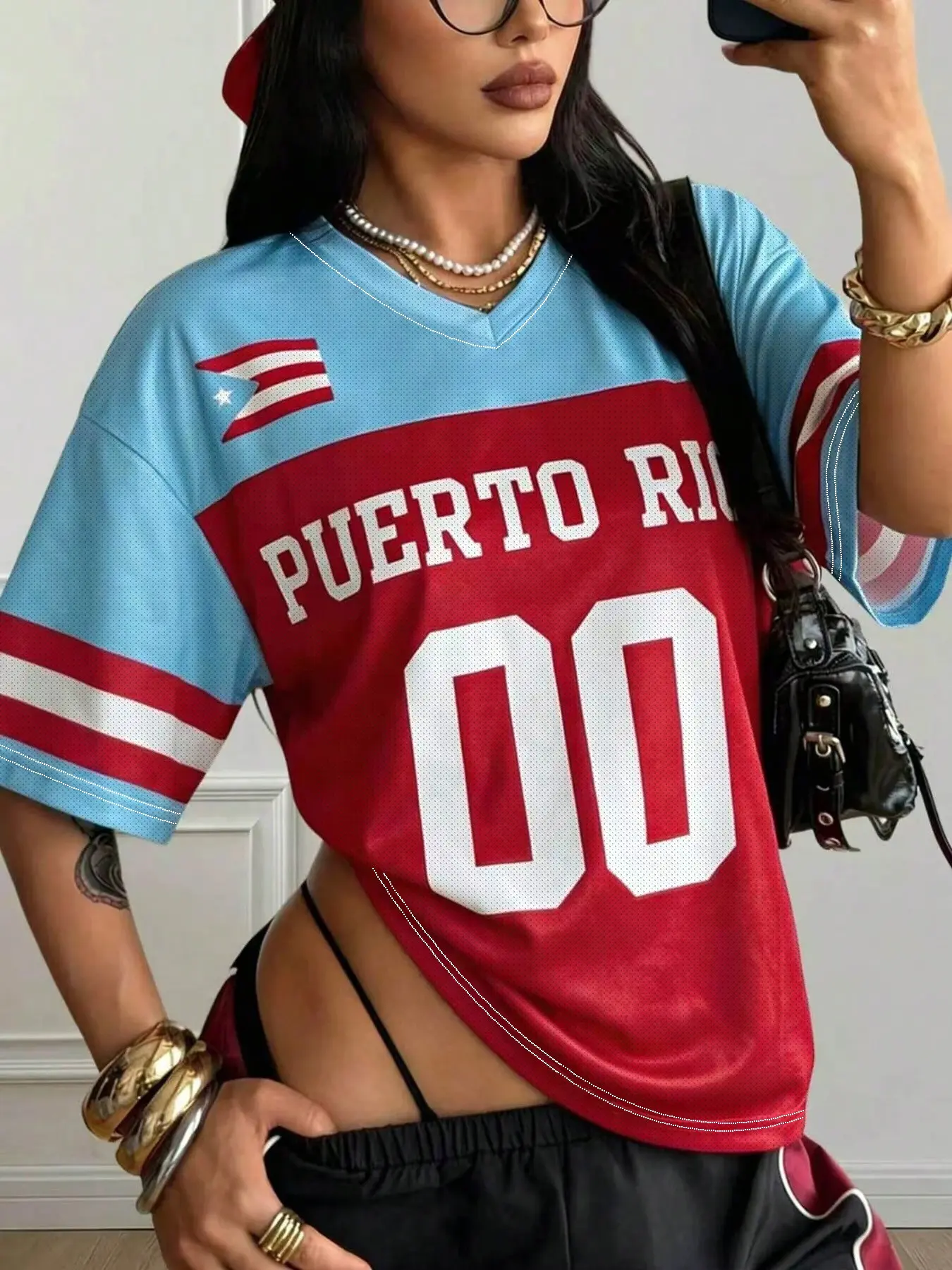 Women's Trendy Short Sleeve T-Shirt, Casual Graphic Tees, Puerto Rico Flag Vintage Loose Jersey Top, Y2K Street Style Women's Sports Top, Fashionable Streetwear, Suitable for Avant-Garde Daily Outing Lounge Dance Sports Tops