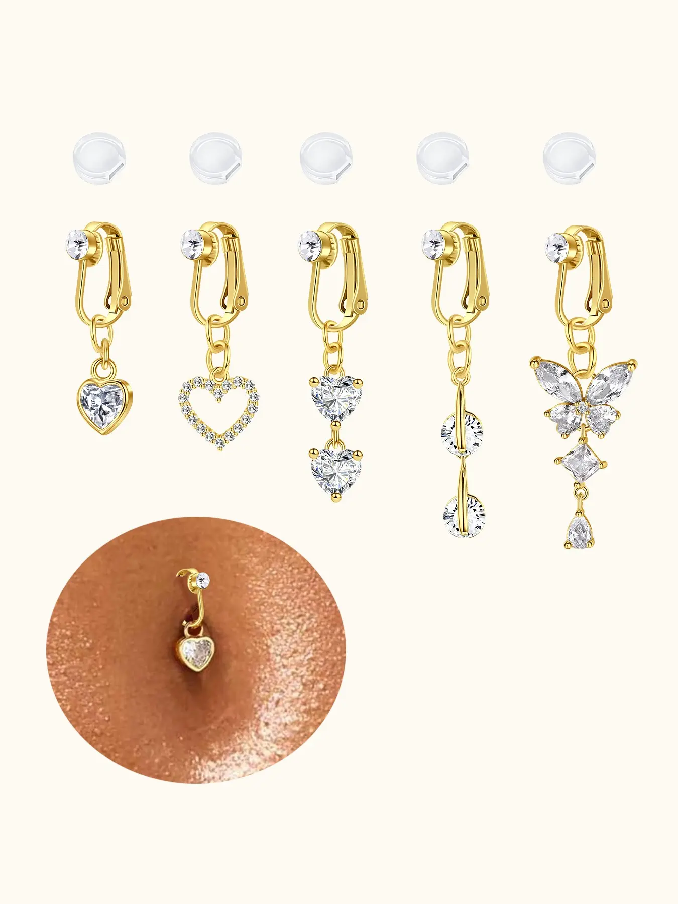 Non-Piercing Cz Dangle Fake Belly Piercing, Stainless Steel Butterfly and Heart-Shaped Clip On, Pain-Relieving Silicone Pad Included, Fake Belly Ring, Body Jewelry, Body Jewellery