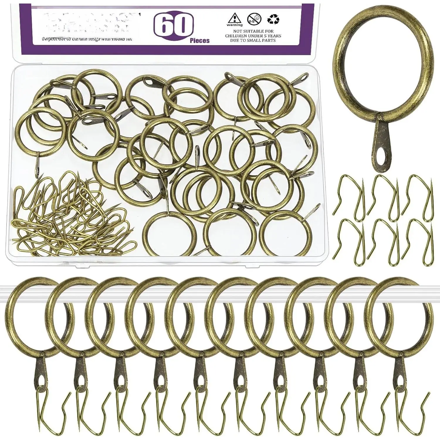 60 count 25mm/1" Inner Diameter Bronze Metal Curtain Ring with Pin- Drapery Hooks  Kit, Drape Sliding Eyelet Ring Metal Curtain Hooks, for Window Door Shower Curtain