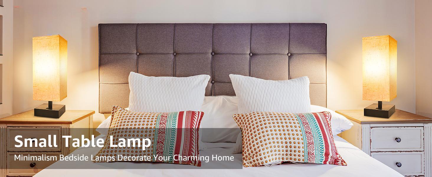 2 Pack,Small Bedside Lamp, Mini Minimalist Table Lamp with Square Flaxen Fabric Shade, 11 Inch Desk Reading Lamp for Bedroom, Living Room, Office