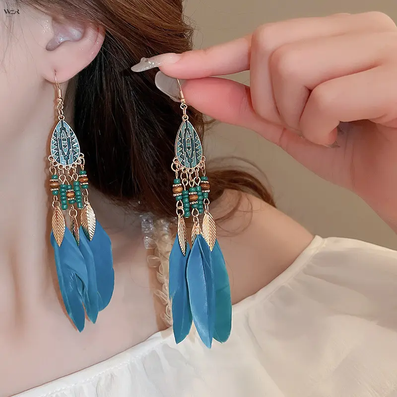 Bohemian Long Tassel Feather Dangle Earrings for Women, Vintage Beaded Fringe Drop Hook Earrings, Lightweight Natural Feather Statement Jewelry for Beach Party Festival Vacation, 3 Style Options Set1 Set2 Set3