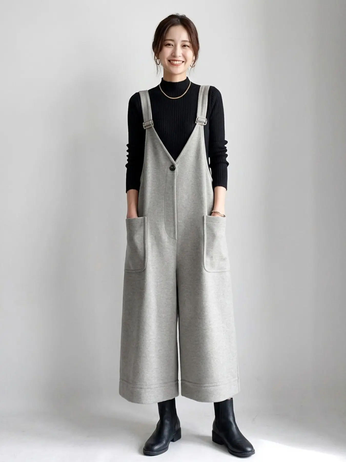 Japanese-style suspender pants for spring/fall, relaxed fit, high waist, front button closure