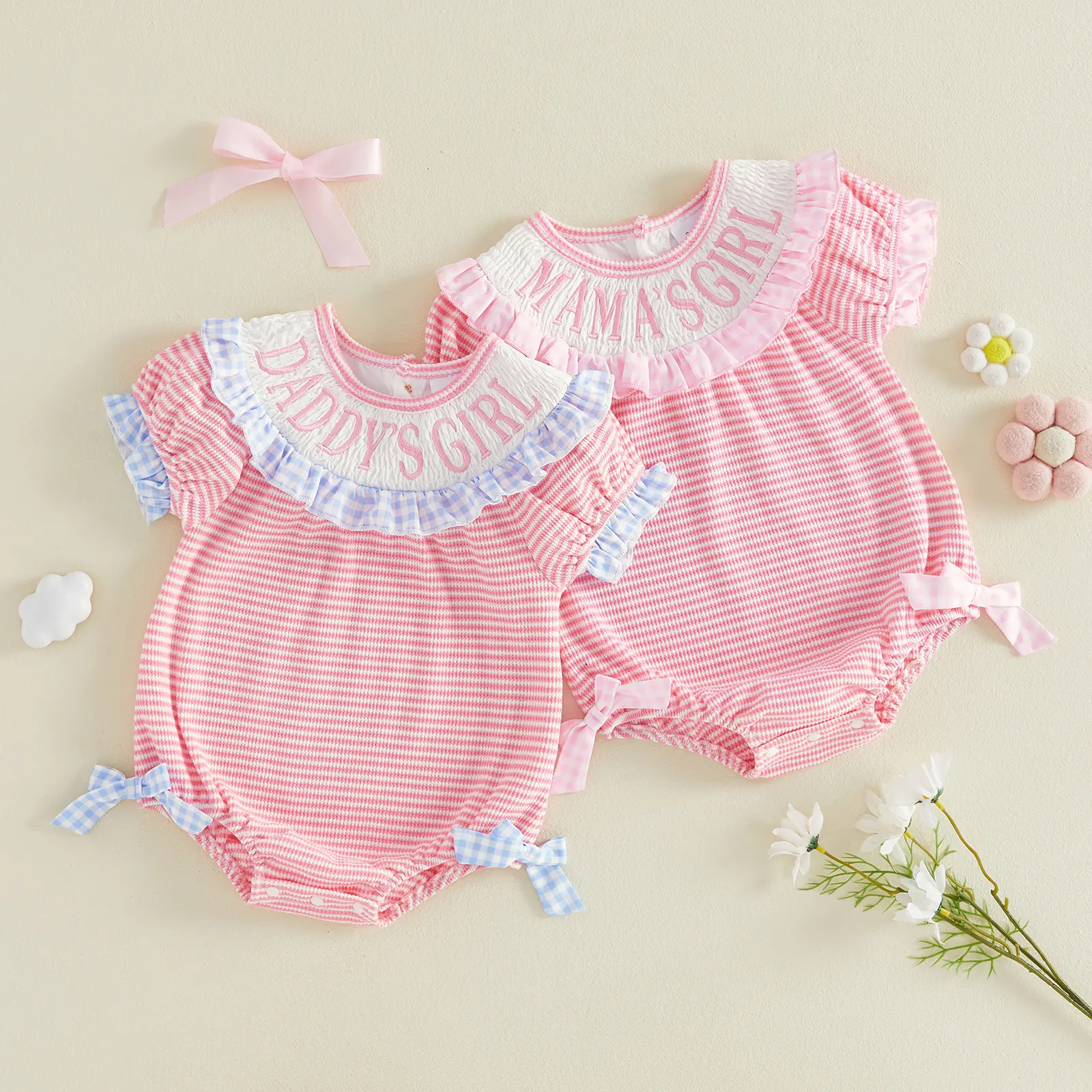 Canrulo Daddy's/Mama's Girl Outfit Newborn Baby Girl Summer Clothes Short Sleeve Bubble Romper Infant Striped Smocked Bodysuit 0-18M