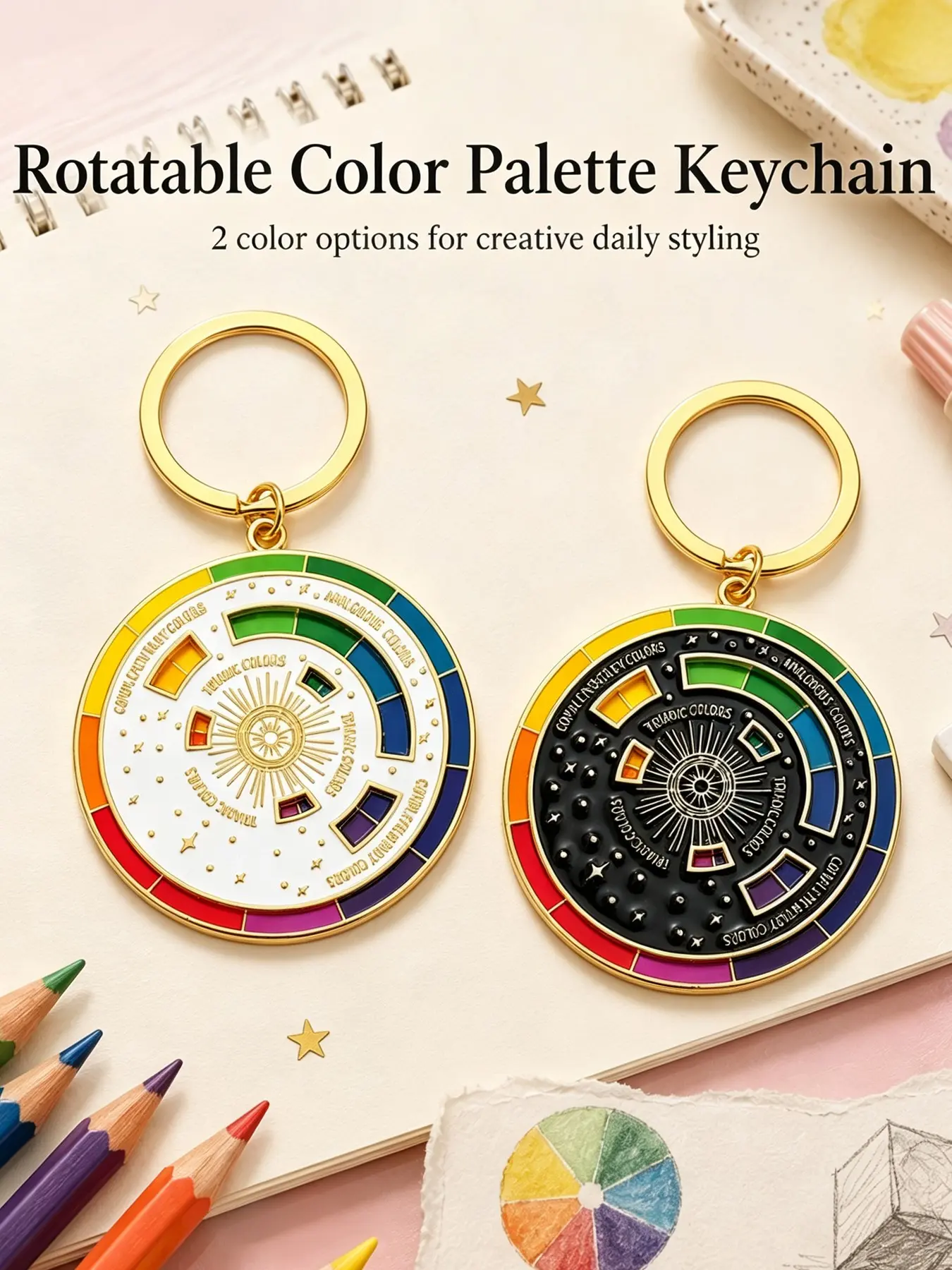Color Wheel Enamel Keychain, Aesthetic Keychain, Black & White Rainbow Color Theory Chart Bag Charm, Gift for Artists & Art Students, Complementary Analogous Triadic Color Reference Keyring for Painters, Graphic Designers, Backpack & Car Keys
