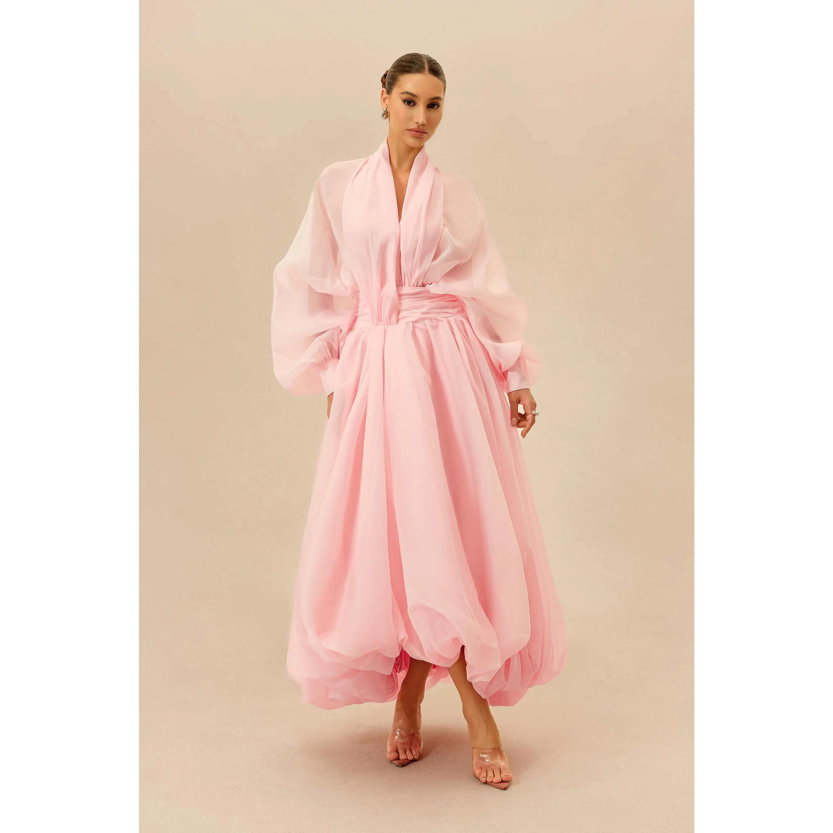 Sunfere Pink Deep V-Neck Puff Sleeve Maxi Dress - Sheer Balloon Sleeve Organza Elegant, Wedding Guest Cocktail Party Special Occasion