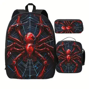 Spider print three-piece backpack set, unisex, large capacity polyester material, adjustable shoulder straps, animal theme, suitable for commuting, travel and outdoor activities.