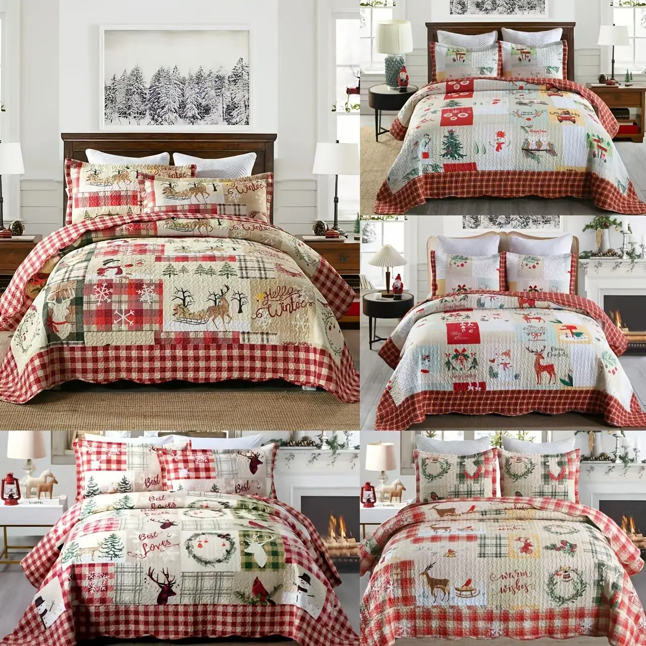 3pcs Queen/King Size Christmas Quilt Set with Bedspread, Comforter & Throw Blanket - Rustic Lodge Deer Bedding Ensemble, Quilted Snowman Deer & Snowflake Pattern, Machine Washable Bedspread Coverlet (Queen/King, Fill)