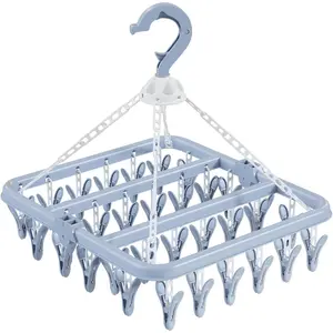 Clothes Drying Rack with 32 Clothespins, Bule Foldable  Drying Racks, 360° Rotatable Hook for Drying Towels Bras  Clothes Gloves Plastic, Clothes Drying Foldable-Bule
