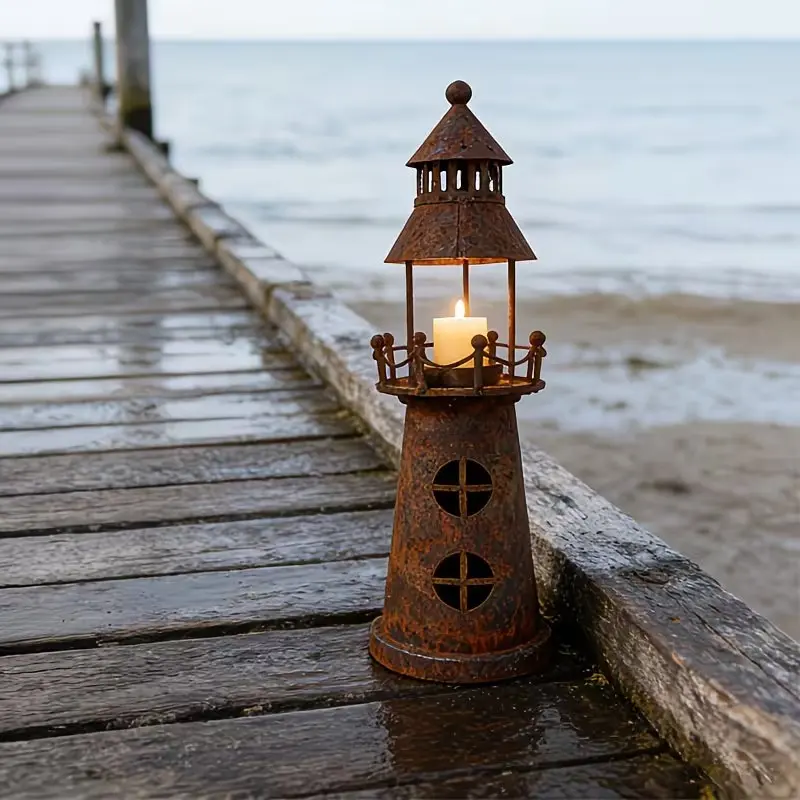 Vintage Rustic Metal Lighthouse Candle Holder, Nautical Home Decor, Ocean Lover Statue Ornament, Indoor Outdoor Decoration