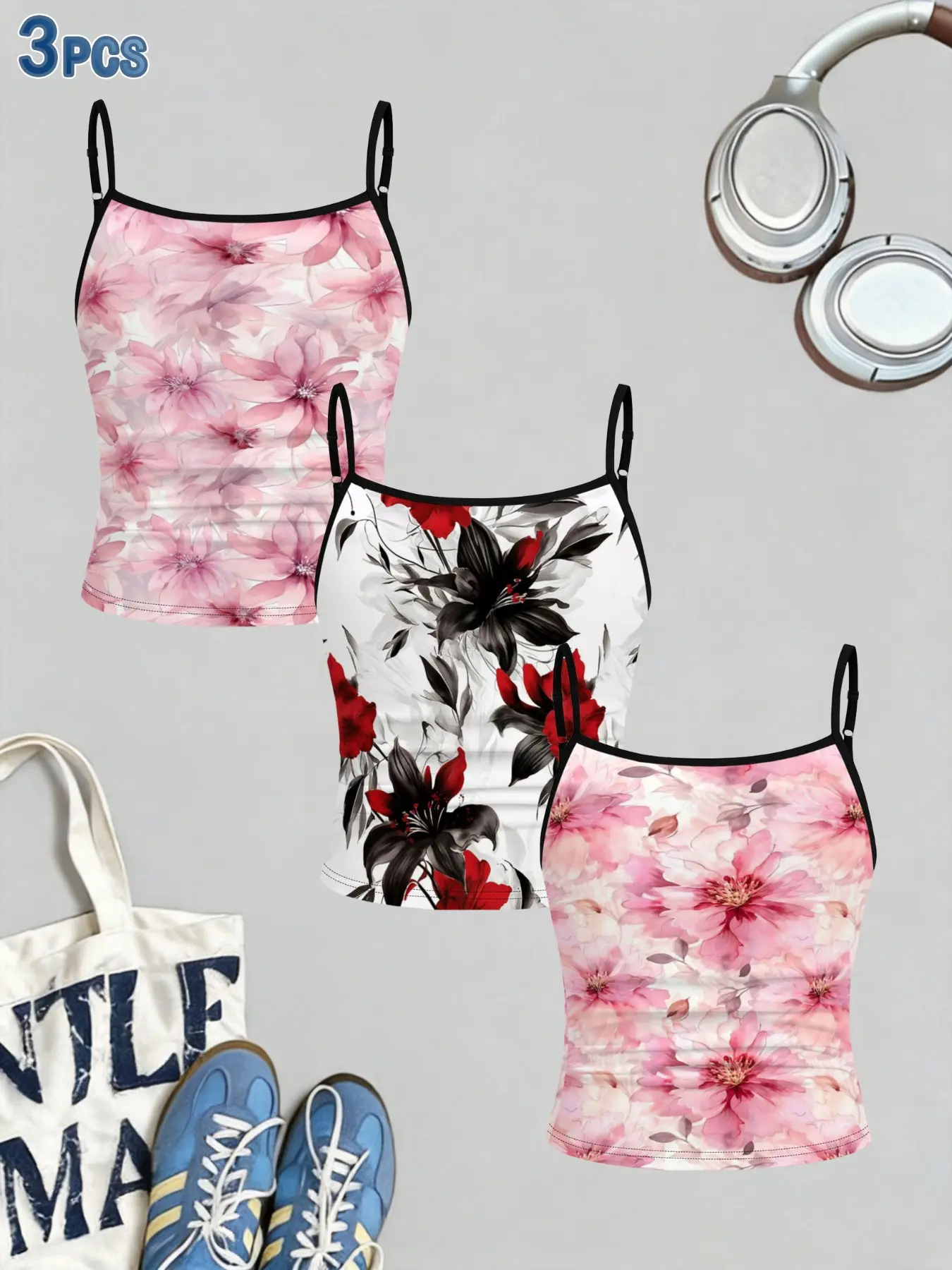 3-piece girls' camisole vest set, watercolor floral print slim fit short camisole, adjustable thin shoulder straps, contrasting edging, side pleated sleeveless top, soft elastic fabric, girls' summer street wear clothing
