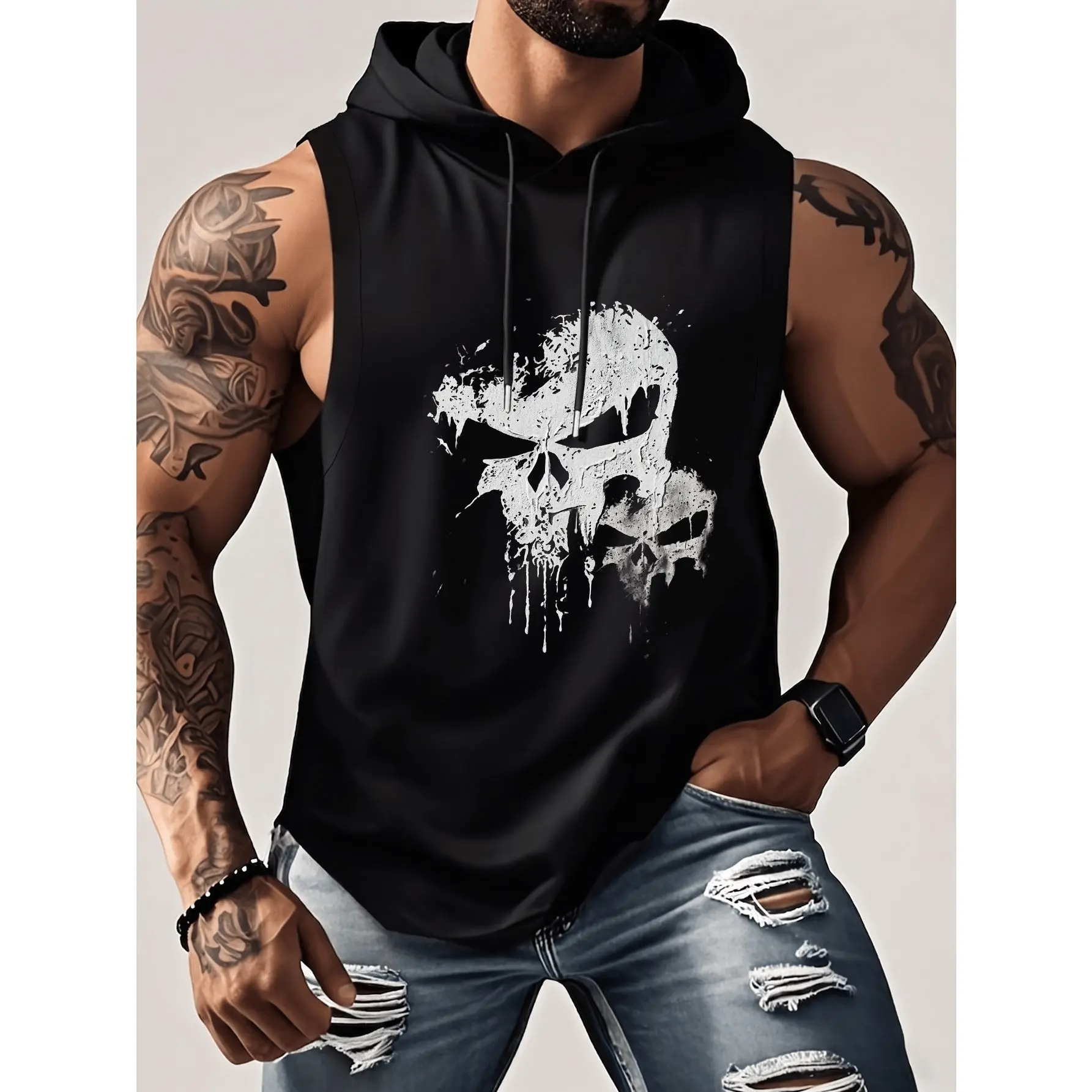 Men's Neon Skull Graphic Polyester Knit Sleeveless Hoodie - Regular Cut Drawstring Hood Activewear Top for Gym, Hiking & Light Outdoor Streetwear