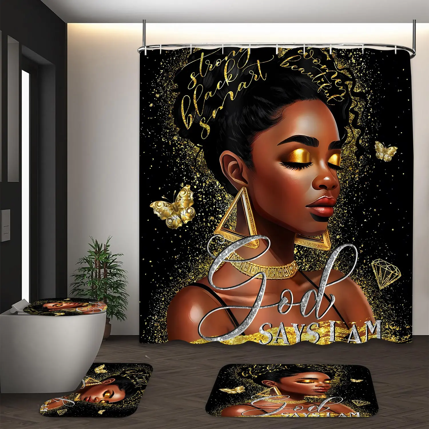 LVRLVR 4Pcs God Says I Am Black Woman Golden Glitter Butterfly Diamond Inspirational Script Print Luxury Glam Modern Art Style Black Gold Tone Shower Curtain Set 70.8×70.8 Inch