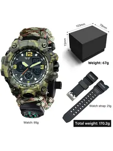 Men's Digital Outdoor Watch with Dual Display Compass Thermometer Whistle and Light for Hiking Camping and Survival Activities