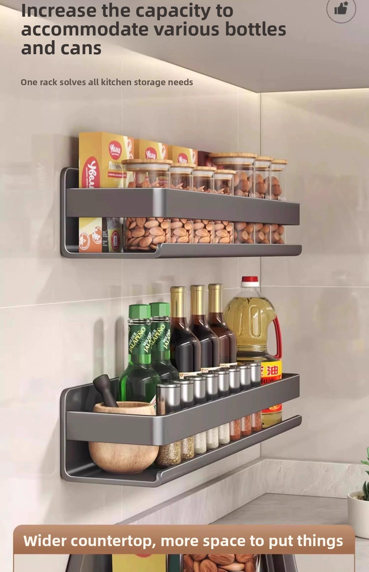 Kitchen storage rack, seasoning shelf, punch-free wall-mounted multifunctional hanging rack for condiments on the wall