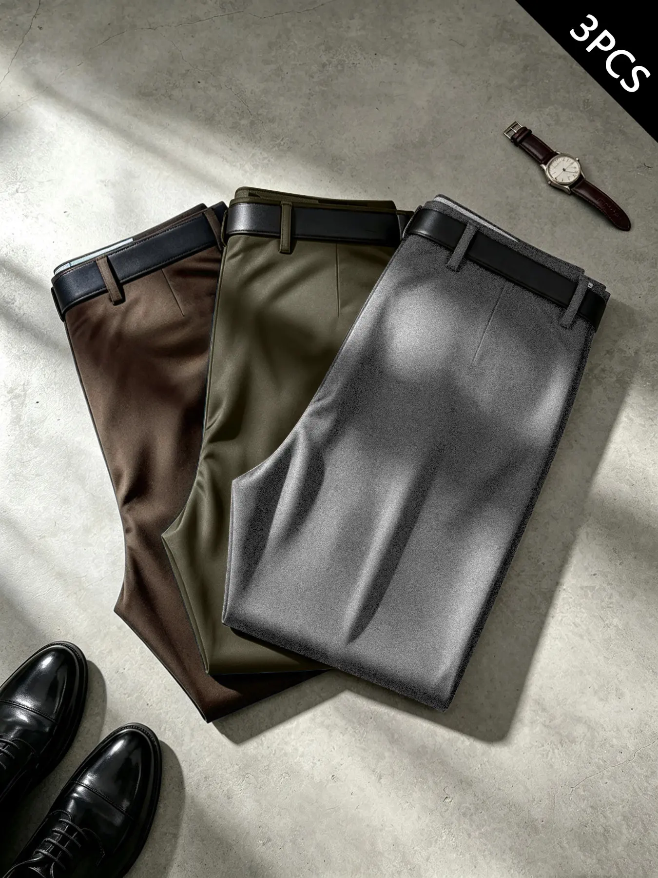 Men's 3-Pack Trousers: Slim-Fit Cropped Dress Pants with Pressed Crease; Mid-Rise, Draping, Tapered-Leg Business Casual Trousers; Suitable for Work, Commuting, Seaside Vacations, and Weddings—Versatile Formal-Casual Style for Men.