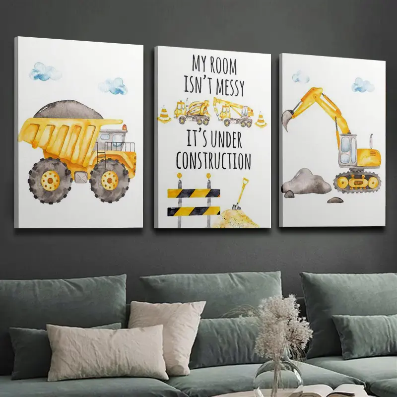 3-Piece Wooden Frame Canvas Poster - Construction Truck, Excavator, Dump Truck Designs, Modern Minimalist Waterproof Hanging Art, Frameless Option, Home Decor for Living Room, Sofa Area, Gift for Dormitory, Geometric