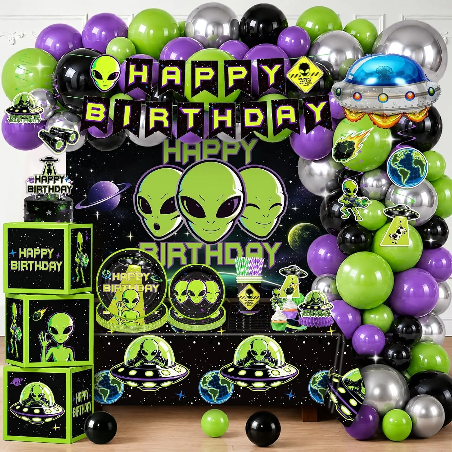 NeoRov 301 Pcs Alien Birthday Party Decorations Tableware Balloon Arch Set| Service 25 Guests| All-In-1 Pack Includes Backdrop, Tablecloth, Balloon Boxes, Balloon Kit| For UFO Theme Party