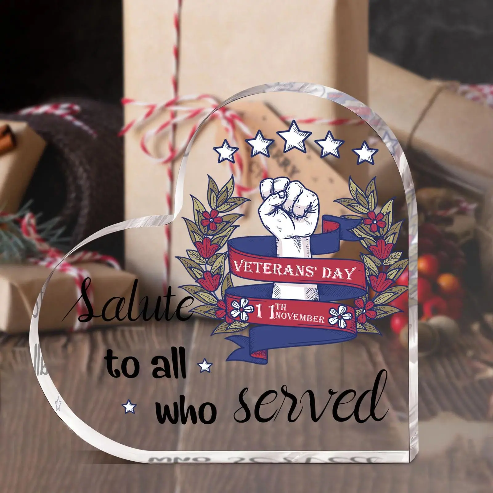 CIFBUY Acrylic Heart Award Plaque 2D Flat Design Veteran Thank You Gift for Dad Grandpa Uncle Memorial Home Wall Decor