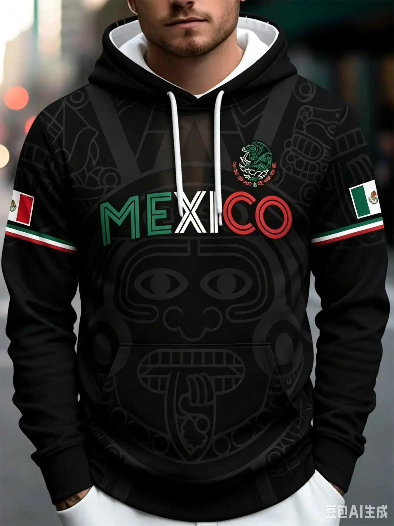 Men's Mexican Flag Hoodie, Graphic Hoodie Sweatshirt, Aztec Print, Loose-Fit, Casual Style, Fall & Winter Wear, Streetwear, Ethnic Fashion, Unisex Design