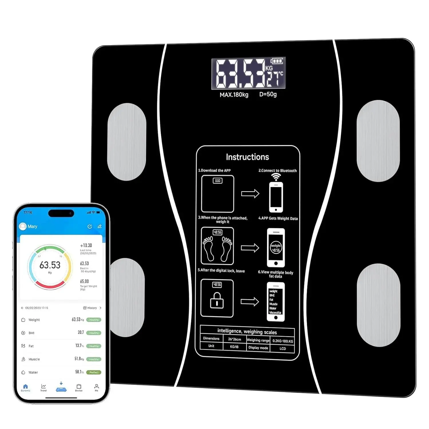 Intelligent Body Fat Scale, a Simple and Practical Digital Scale That can be Connected to a Mobile Digital Bathroom Scale to Display BMI, Body Fat, Muscle Mass, and Durable Weight Scale, Smart Scale with BMI