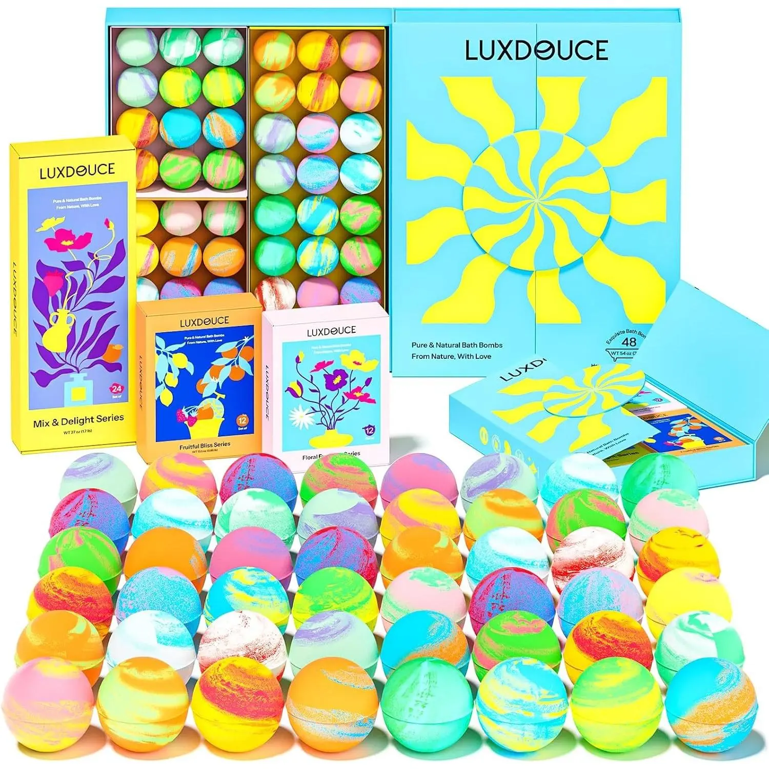 48-Pack Luxury Bath Bombs Gift Set - Smooth, Floral Scented Bubble Bombs (18 Scents), Organic Moisturizing SPA Body Care, Ideal Self-Care Gift for Women on Birthdays, Summer Occasions