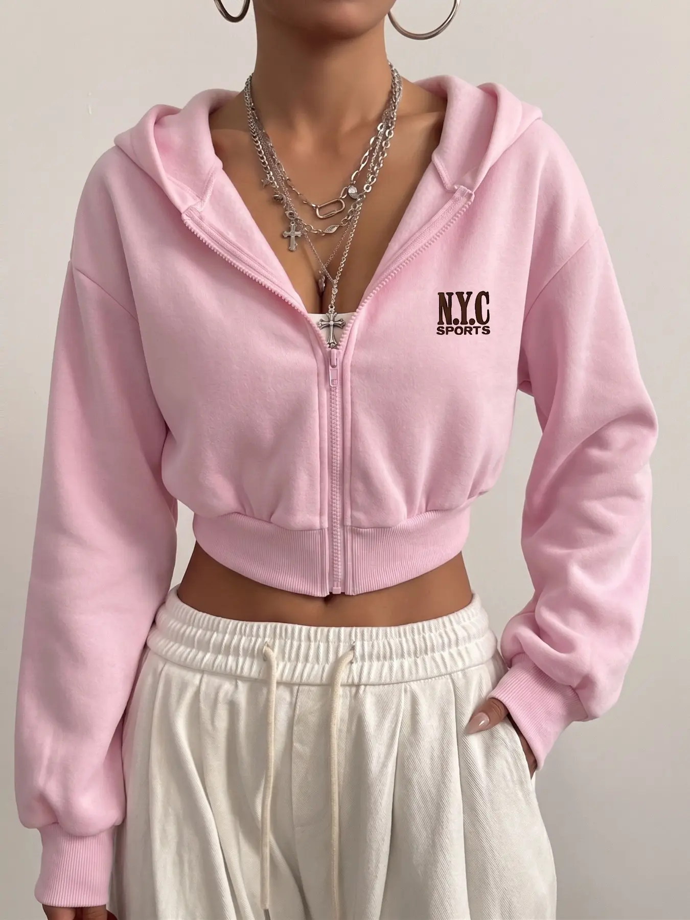 Women Y2K Coquette Hot Girl Cropped Zip Hoodie Pastel Pink Hooded NYC Sports Embroidery Relaxed Fit Daily Single Jacket