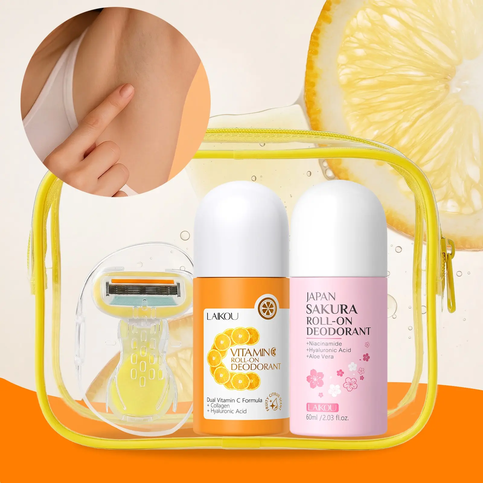 LAIKOU 2-Piece Roll-On Deodorant Set, Deodorant Personal Care, for Men and Women, Fresh Citrus & Sakura Scented Body Odour Control Liquid, ideal for running, gym use, and other sports activities. It’s gentle on the skin and helps control body odor