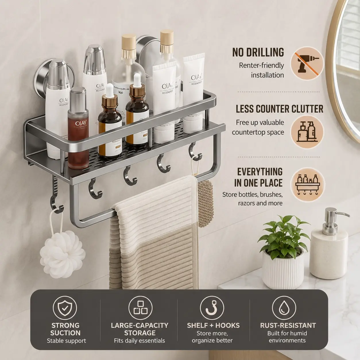 Suction Cup Shower Shelf, Wall Mounted Shampoo and Soap Organizer, Durable Space Saving Shelf, Rust-proof Floating Shelf for Bathroom Storage, Bathroom Organizing Accessories, Bathroom Organizers