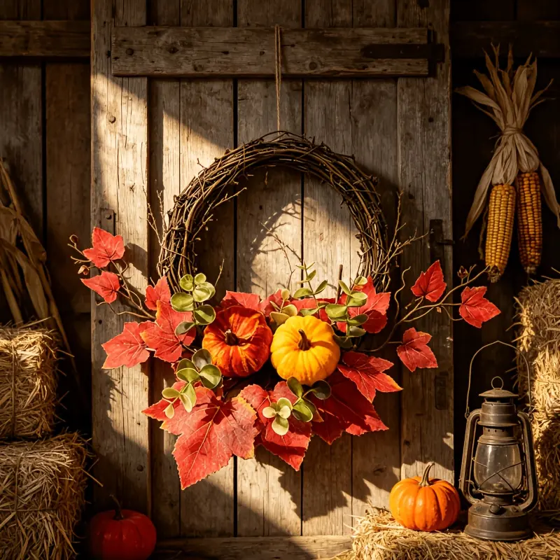 1PC Fall Artificial Maple Leaf Eucalyptus Wreath, Rustic Autumn Harvest Rattan Wreath with Red Leaves, Thanksgiving Halloween Front Door Decor, Farmhouse Wall Hanging Decoration for Window Fireplace Porch