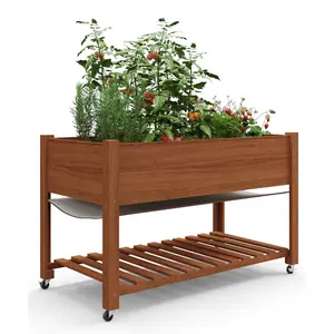 Garvee Mobile Wooden Elevated Raised Garden Bed with Lockable Wheels, 48×24×32 Inch Outdoor Planter Box with Storage Shelf & Plant Liner, Perfect for Vegetables, Herbs & Flowers on Patio, Deck & Backyard